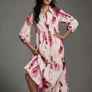 Anthopologie Maeve Bettina Tiered Shirt Dress - Pink Watercolor